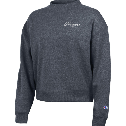Women's fleece crew, marine navy, Chargers left chest detail