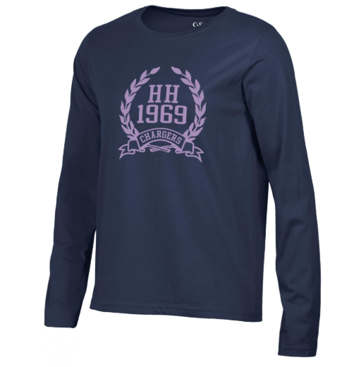 Women's LS Crew Tee, Gear, navy with tulip, HH 1969 laurel wreath