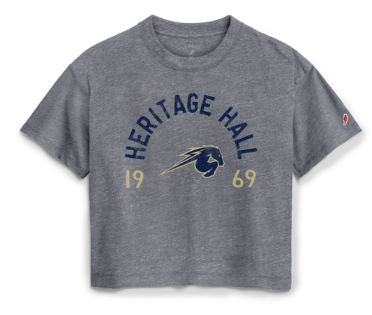 Women's cropped tee, League, heather grey, arch HHall 1969 horse